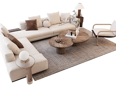 Light L Shaped Sofa Coffee Table Set With Throw Pillows Round Wooden Base Accent Chair 3d model