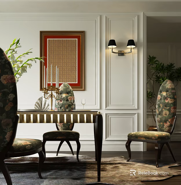 Elegant Restaurant Dining Area With Floral Patterned Chairs White Wainscoting And Wall Sconces 3d model 