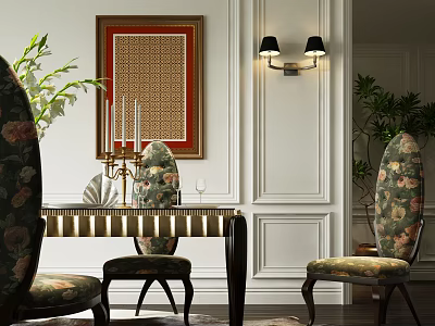 Elegant Restaurant Dining Area With Floral Patterned Chairs White Wainscoting And Wall Sconces 3d model