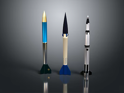 Decorative Rocket Shaped Ornaments Set with Three Modern Blue Silver Beige Base Pieces 3d model