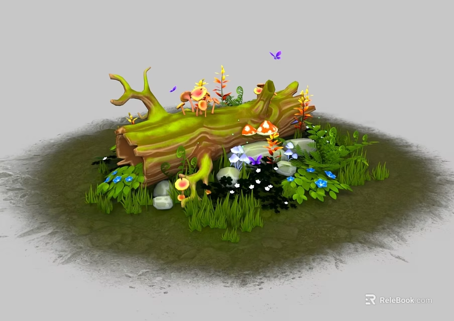 Lush Green Log Surrounded by Grass Small Flowers and Colorful Mushrooms with Butterflies 3d model 
