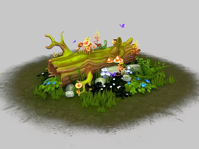 Lush Green Log Surrounded by Grass Small Flowers and Colorful Mushrooms with Butterflies 3d model