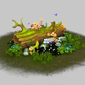 Lush Green Log Surrounded by Grass Small Flowers and Colorful Mushrooms with Butterflies