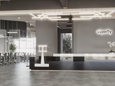 Modern Reception Desk Interior Design With Vapafly Branding And Contemporary Office Lighting 3d model