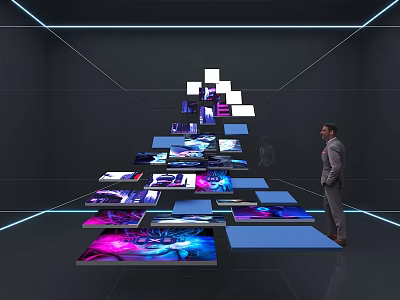 Modern Computer Monitors In Staircase Arrangement With Colorful Displays And Man Observing 3d model
