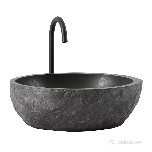 Elegant Round Dark Textured Stone Washbasin With Modern Black Faucet 3d model 