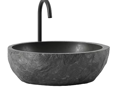 Elegant Round Dark Textured Stone Washbasin With Modern Black Faucet 3d model