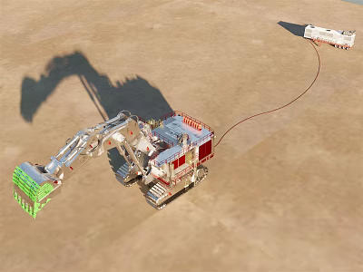 Heavy Duty Functional Excavator Connected To Trailer On Sandy Ground 3d model