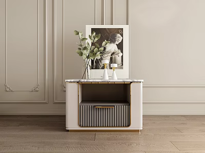 Modern Bedside Table With Gold Accents Green Plant White Vases And Framed Sculpture Artwork On Paneled Wall 3d model