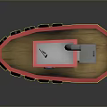 Red Toy Boat with Black Buoys White Cabin Green Door Gray Chimney Antenna on Deck