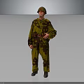 Man in Military Camouflage Uniform Wearing Helmet Standing Against Gray Background