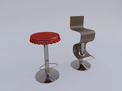 Modern Bar Stools With Red Padded Seat Wooden Curved Back And Metal Base 3d model