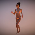 Smiling Woman In Orange Bikini Posing With Dynamic Jump Against Soft Gradient Sky Background