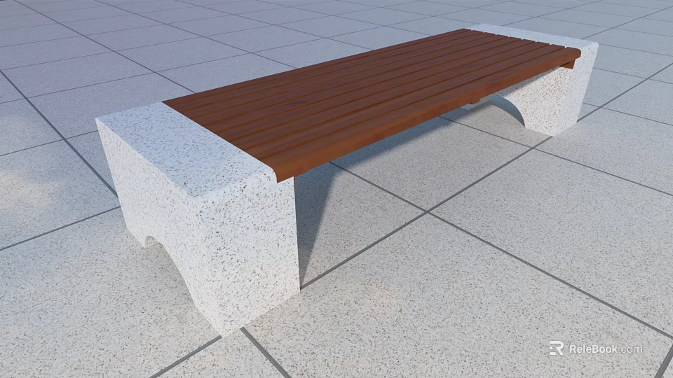 Durable Wooden Seat Bench With Stone Base On Tile Floor Surface 3d model