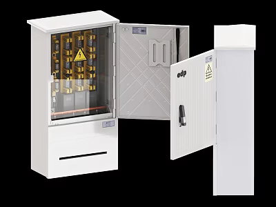 Industrial Electrical Equipment Cabinet With Open Door Internal Yellow Components And Warning Sign 3d model
