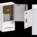Industrial Electrical Equipment Cabinet With Open Door Internal Yellow Components And Warning Sign
