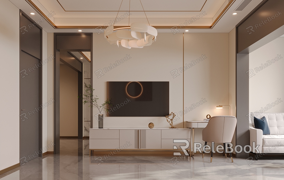 Modern Bedroom Light Luxury Bedroom Bedside Background Wall Modern Double Bed TV Cabinet Chandelier Desk and Chair model