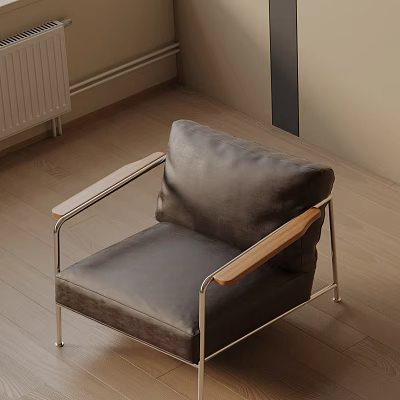 Modern Leisure Chair With Dark Upholstery Wooden Armrests And Metal Frame 3d model