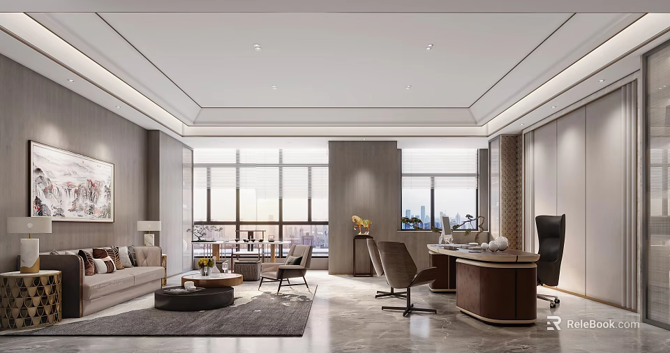 Modern Spacious Office Interior With Large Windows Sofa Desk And City View 3d model