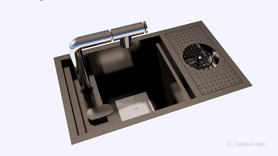 Black Kitchen Sink With Silver Faucet Drainboard And Metal Strainer 3d model 