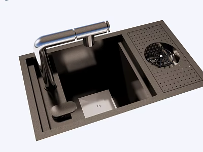 Black Kitchen Sink With Silver Faucet Drainboard And Metal Strainer 3d model