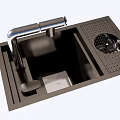 Black Kitchen Sink With Silver Faucet Drainboard And Metal Strainer