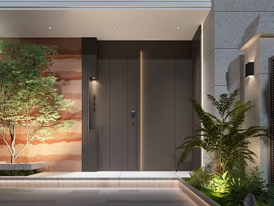 Modern Gray Entrance Door Design With Green Plants Wall Texture And Lighting 3d model