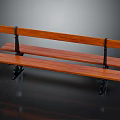 Wooden Park Bench With Polished Slats And Metal Brackets Showing Dark Surface Reflection