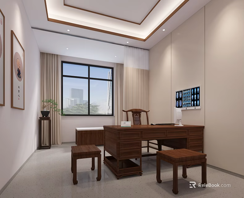 Chinese Style Study Room With Wooden Desk Chair Stools Window Curtains And Decorative Paintings TV 3d model 