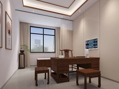 Chinese Style Study Room With Wooden Desk Chair Stools Window Curtains And Decorative Paintings TV 3d model