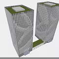 Modern Twin Office Buildings With Green Rooftop Vertical Lines Facade And Central Pathway
