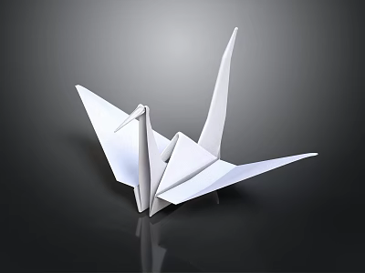 Elegant White Paper Origami Crane on Dark Background with Reflection 3d model