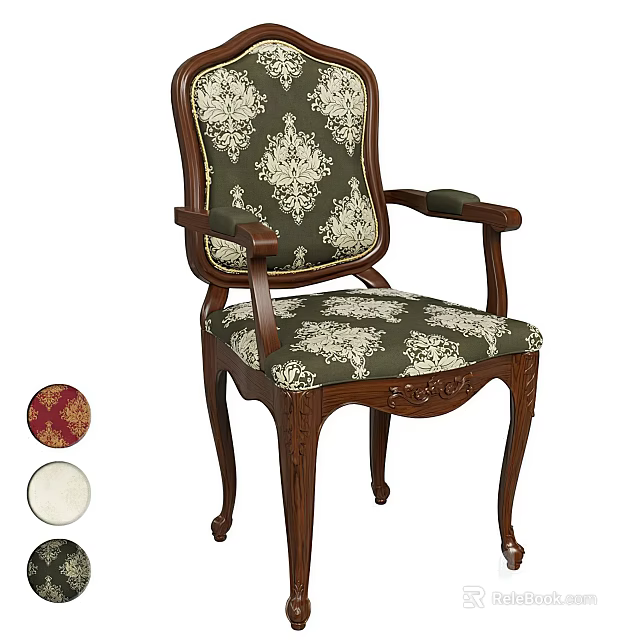 Classic Wooden Dining Chair With Carved Frame Green Floral Fabric Armrests And Color Options 3d model 
