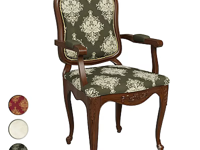 Classic Wooden Dining Chair With Carved Frame Green Floral Fabric Armrests And Color Options 3d model
