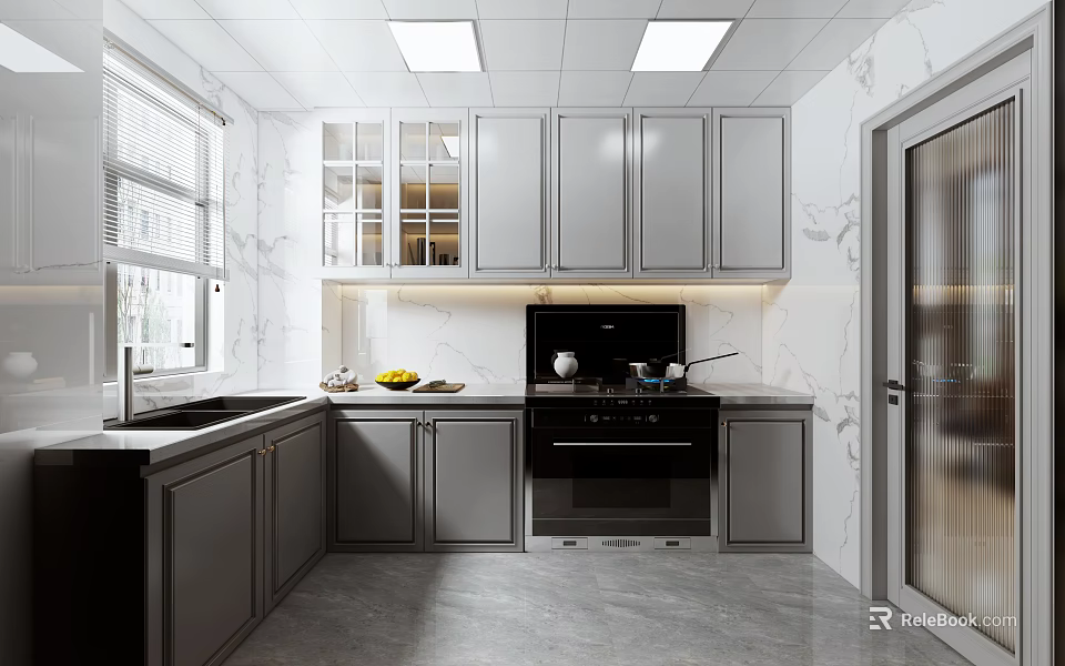 Modern Kitchen Interior With Gray Cabinets Marble Countertops And Natural Light 3d model 