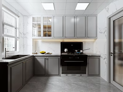 Modern Kitchen Interior With Gray Cabinets Marble Countertops And Natural Light 3d model