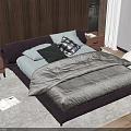 Modern Double Bed Bedroom With Wooden Headboard Pillows Duvet Nightstands Lamp And Snowy Window View