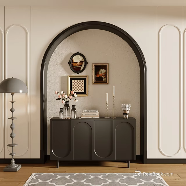 Elegant Entryway Console Table with Arched Design Decorative Paintings Vases Books and Mirror on Beige Walls 3d model 