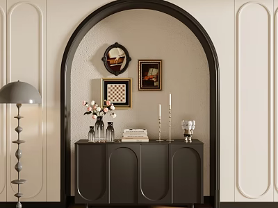 Elegant Entryway Console Table with Arched Design Decorative Paintings Vases Books and Mirror on Beige Walls 3d model