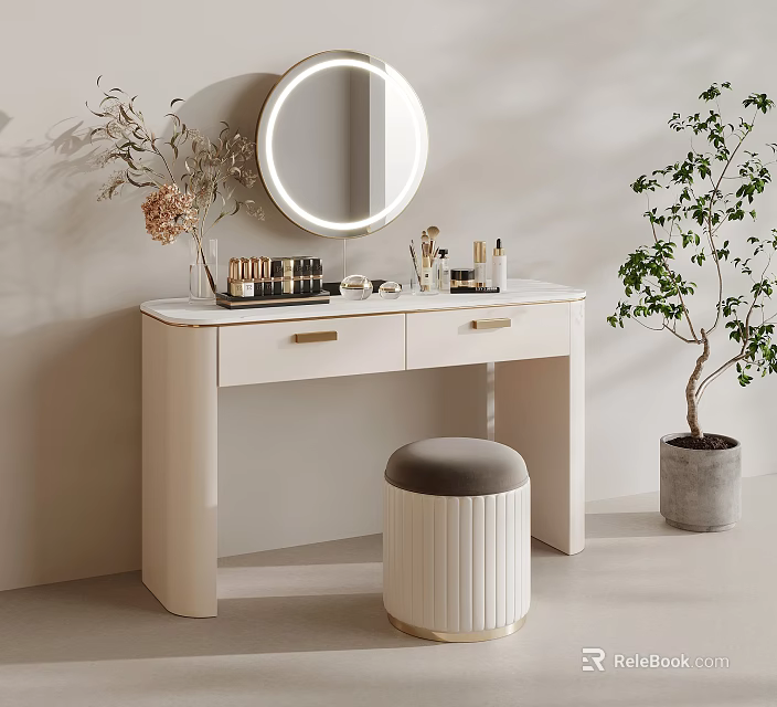 Elegant Modern Dressing Table Interior With Round Mirror Stool Cosmetics And Potted Plant 3d model