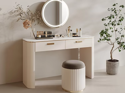 Elegant Modern Dressing Table Interior With Round Mirror Stool Cosmetics And Potted Plant 3d model