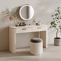 Elegant Modern Dressing Table Interior With Round Mirror Stool Cosmetics And Potted Plant 3d model
