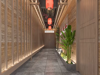 Traditional Corridor Interior With Wooden Structure Stone Walls Red Lanterns And Green Plants 3d model