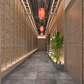 Traditional Corridor Interior With Wooden Structure Stone Walls Red Lanterns And Green Plants