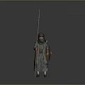 Traditional Attire Character Wearing Headscarf Standing With Spear And Shield On Grey Background