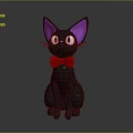 Cute Black Cat Toy With Purple Ears White Eyes And Red Bow Tie Sitting On Gray Background