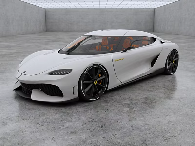 White Luxury Sports Car With Sleek Design Orange Interior And Black Wheels In Modern Showroom 3d model