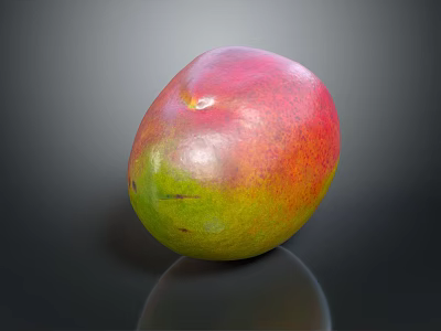 Fresh Ripe Mango with Red and Green Skin on Dark Reflective Background 3d model
