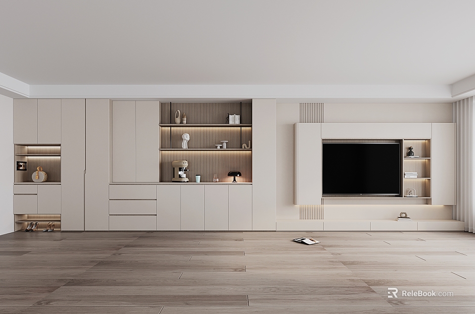 Modern White TV Wall Cabinet With Embedded TV And Open Storage Shelves 3d model 