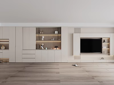 Modern White TV Wall Cabinet With Embedded TV And Open Storage Shelves 3d model